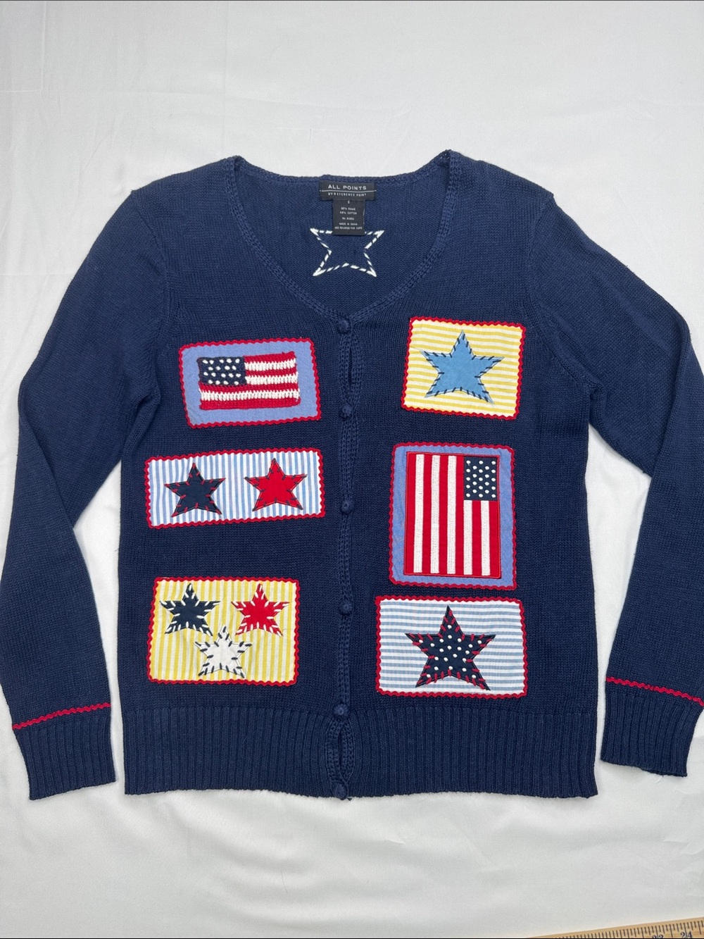 All POINTS Navy Patchwork Star & Flag Cardigan Sweater size s small teacher